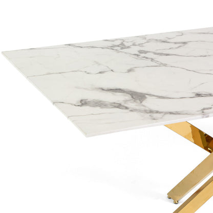 Morgan – tavolo in vetro effetto marmo e gambe metallo