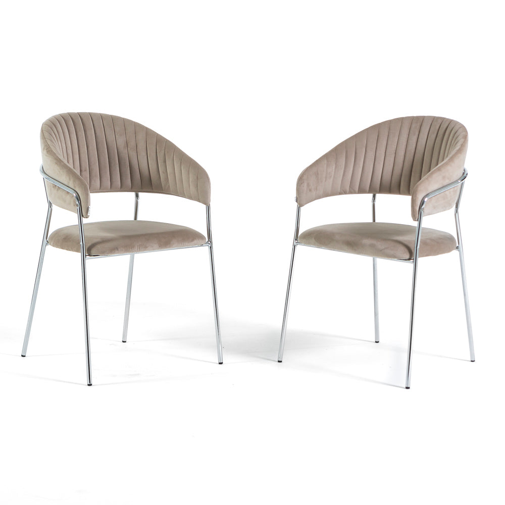 Lea – sedia in velluto trapuntato con gambe in metallo, colore beige, gambe argento