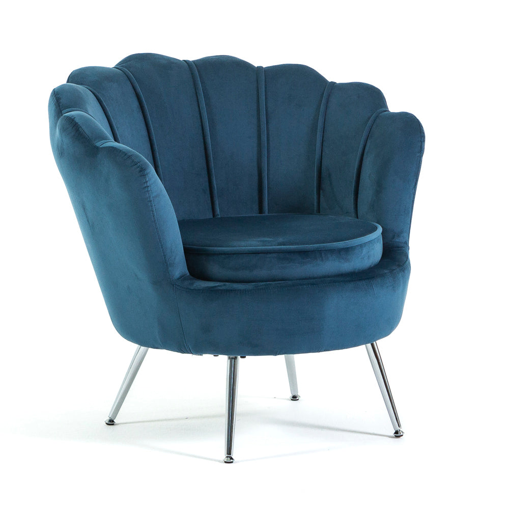 Perla – poltrona a conchiglia in velluto con gambe in metallo, colore blu, gambe argento, tipo di tessuto velluto