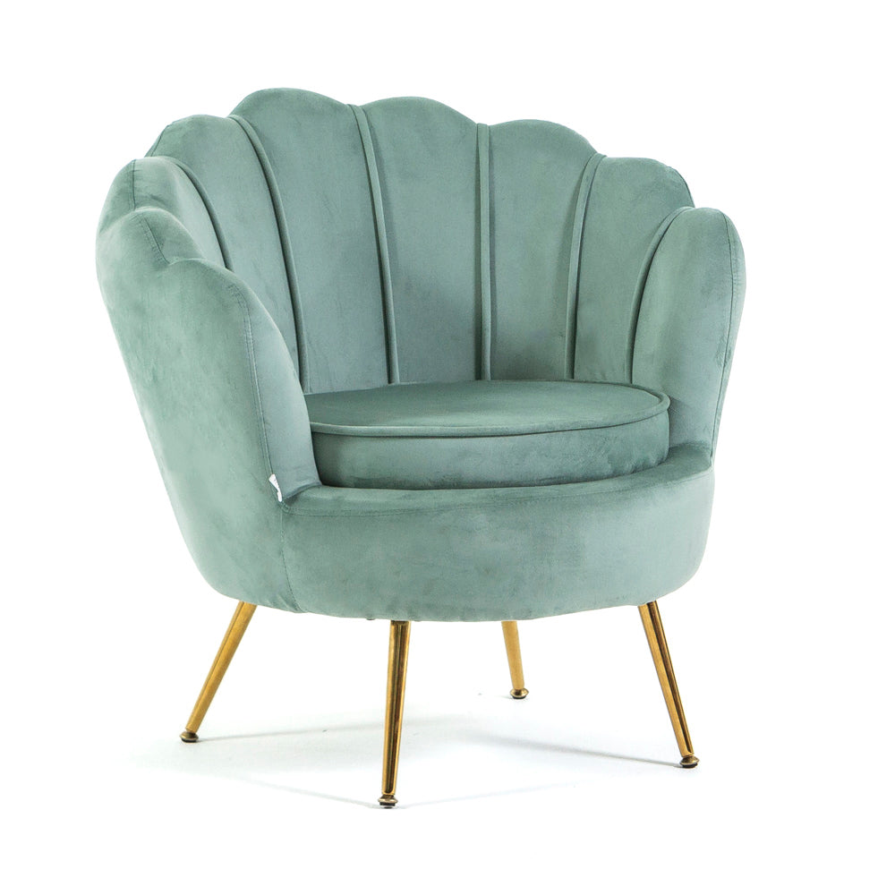 Perla – poltrona a conchiglia in velluto con gambe in metallo, colore verde menta, gambe oro, tipo di tessuto velluto