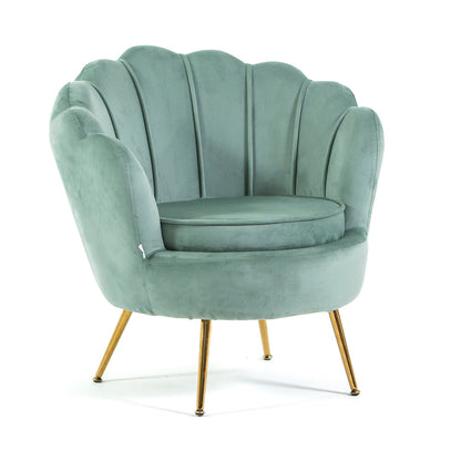 Perla – poltrona a conchiglia in velluto con gambe in metallo, colore verde menta, gambe oro, tipo di tessuto velluto