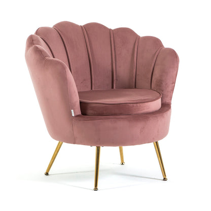 Perla – poltrona a conchiglia in velluto con gambe in metallo, colore rosa blush, gambe oro, tipo di tessuto velluto