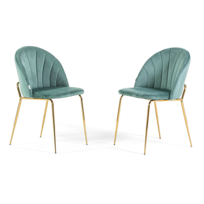 Sonia – sedia in velluto con schienale interno trapuntato, colore verde giada, gambe oro