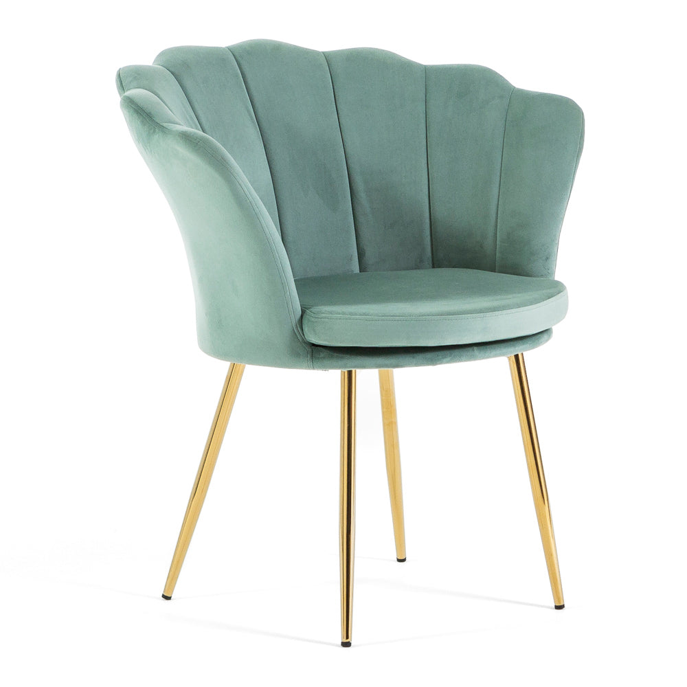 Shelly – Poltroncina design petali in velluto con gambe in metallo, colore verde menta, gambe oro, tipo di tessuto velluto