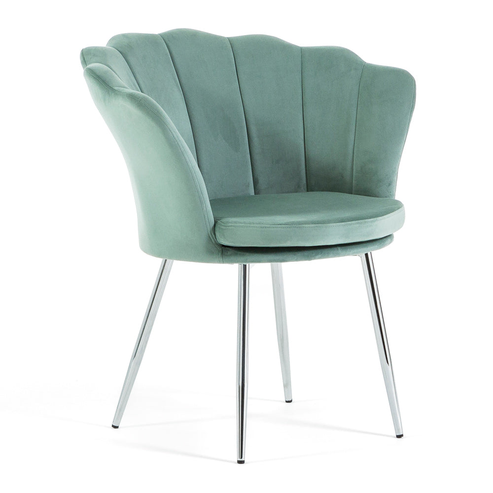 Shelly – Poltroncina design petali in velluto con gambe in metallo, colore verde menta, gambe argento, tipo di tessuto velluto