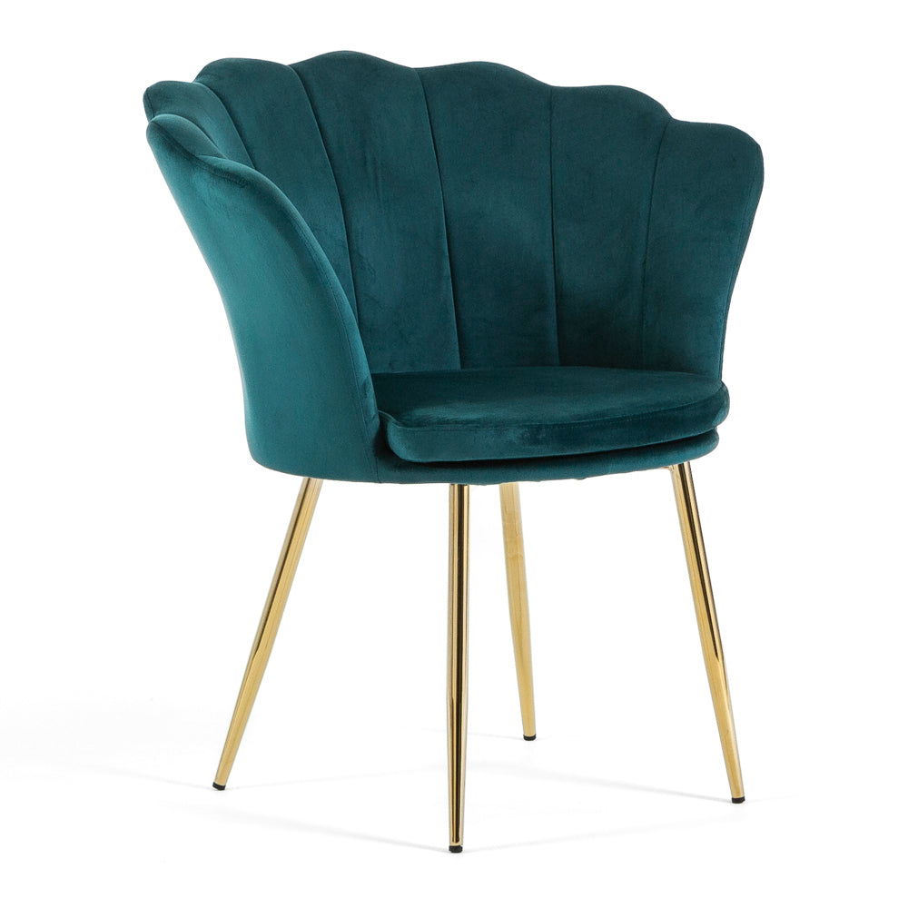 Shelly – Poltroncina design petali in velluto con gambe in metallo, colore ottanio, gambe oro, tipo di tessuto velluto