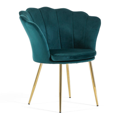 Shelly – Poltroncina design petali in velluto con gambe in metallo, colore ottanio, gambe oro, tipo di tessuto velluto