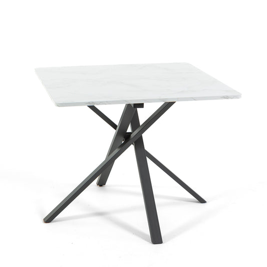 Carlo – tavolo quadrato in melaminico con base in metallo, gambe grigio scuro, top tavolo marmo bianco