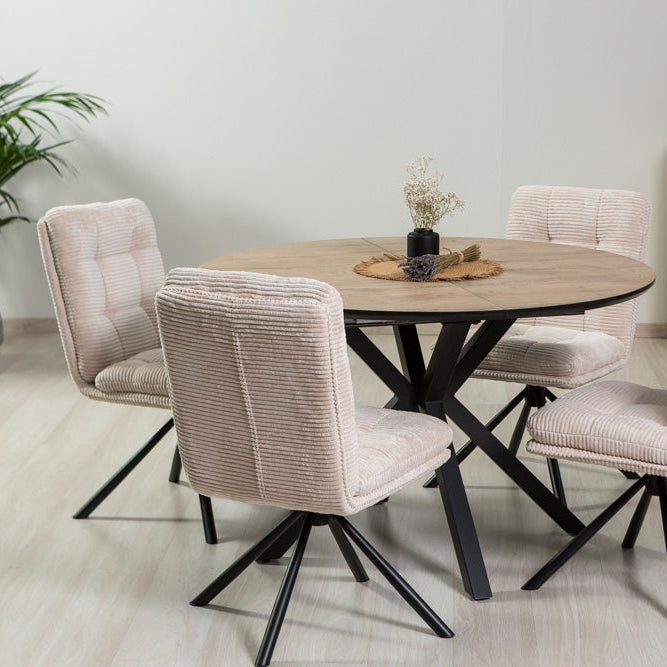 Monica – Poltroncina girevole in tessuto a coste e gambe metallo