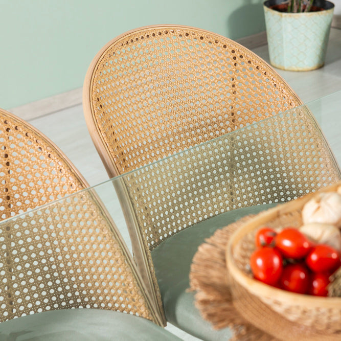 Lina – sedia in rattan e velluto con metallo effetto legno