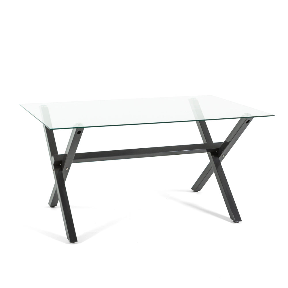 Amos – tavolo in vetro temperato con gambe a X in acciaio, dimensione 150x90 cm, gambe grigio scuro