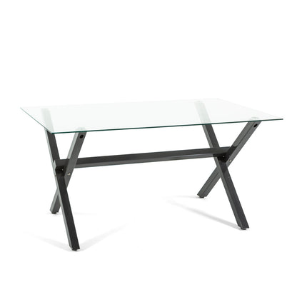 Amos – tavolo in vetro temperato con gambe a X in acciaio, dimensione 150x90 cm, gambe grigio scuro