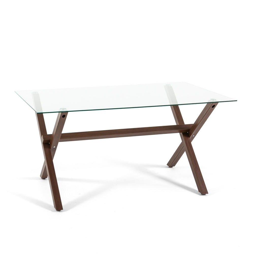 Amos – tavolo in vetro temperato con gambe a X in acciaio, dimensione 150x90 cm, gambe effetto legno scuro