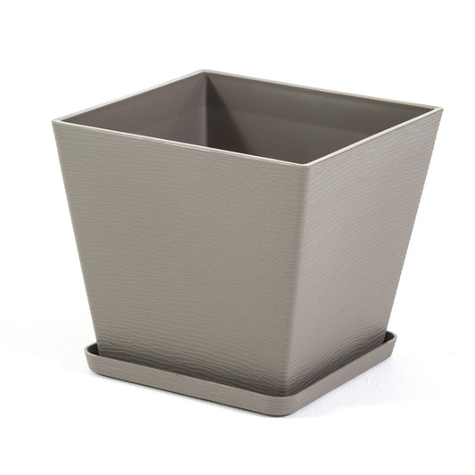 Lilium – vaso quadrato con sottovaso in polipropilene, colore tortora, dimensione 37,5x37,5 cm