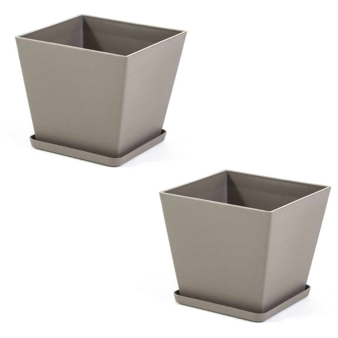 Lilium – vaso quadrato con sottovaso in polipropilene, colore tortora, dimensione 37,5x37,5 cm