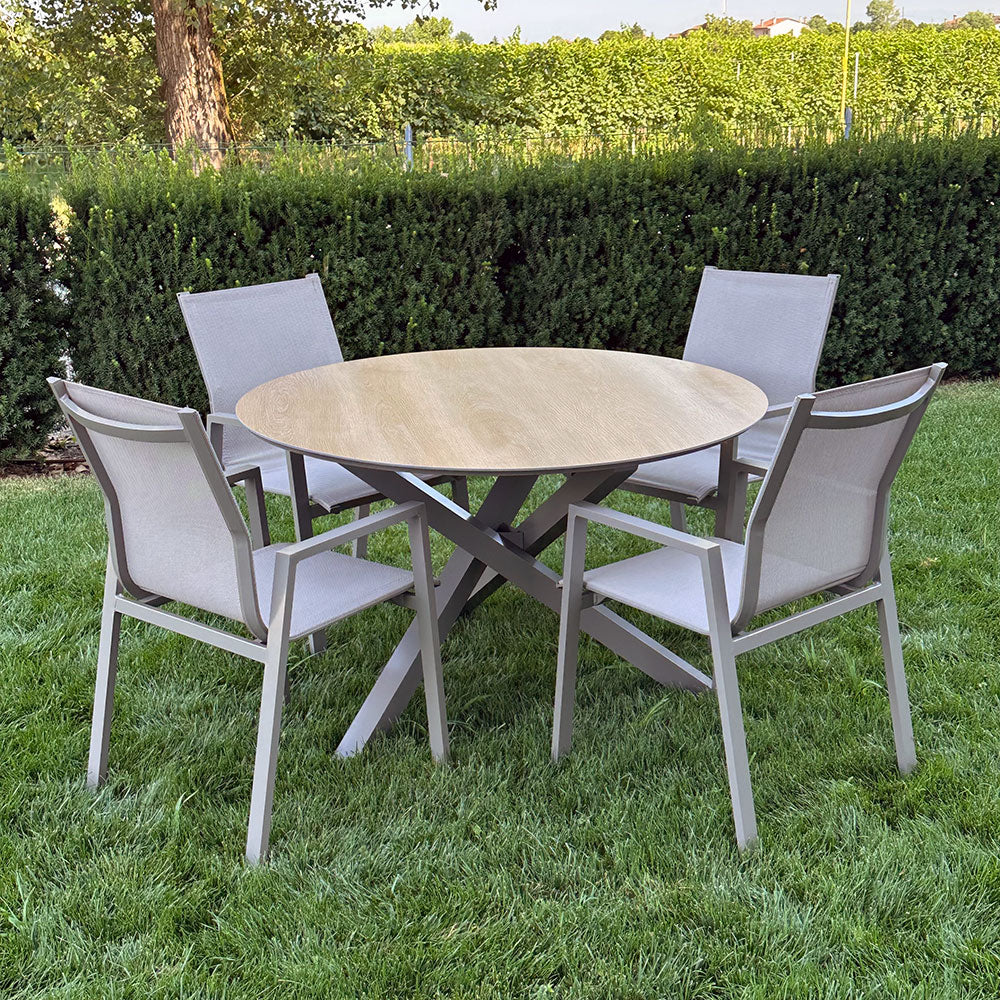 Teo & Dina set pranzo con tavolo rotondo e 4 sedie textilene