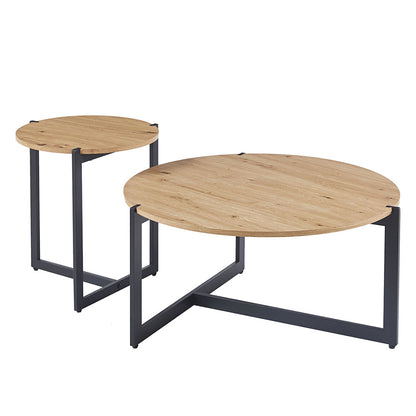Elon – set 2 tavolini da caffè rotondi in MDF effetto legno, top tavolo legno