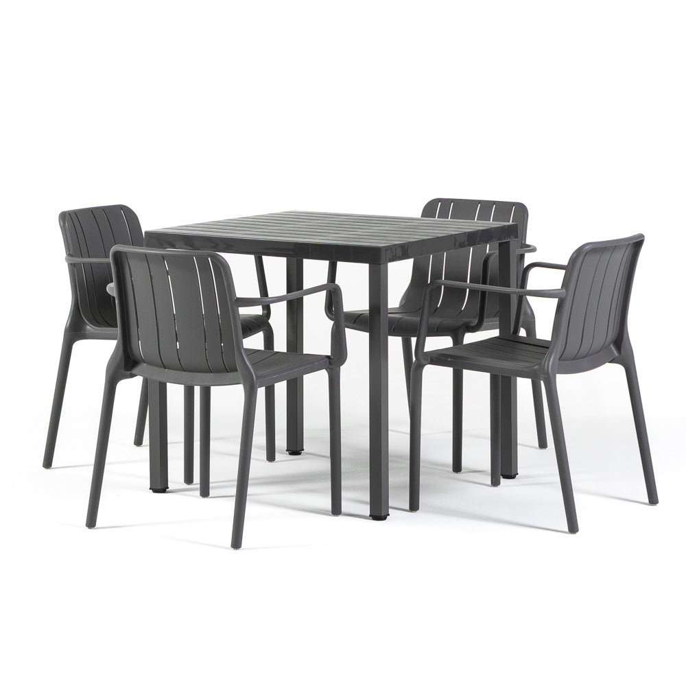 Zeno & Ginny set pranzo da balcone con tavolo 80x80 e 4 sedie, colore grigio scuro