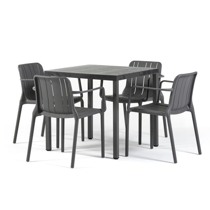 Zeno & Ginny set pranzo da balcone con tavolo 80x80 e 4 sedie, colore grigio scuro