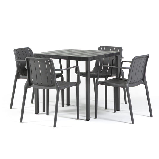 Zeno & Ginny set pranzo da balcone con tavolo 80x80 e 4 sedie, colore grigio scuro