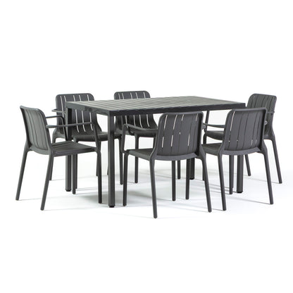 Zeno & Ginny set pranzo da giardino 6 posti con tavolo effetto legno, colore grigio scuro
