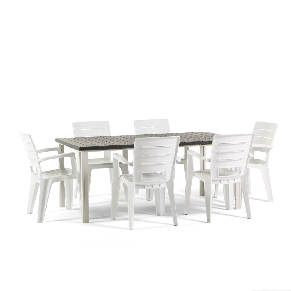 Thomas & Anita set pranzo giardino con 6 sedie e tavolo effetto legno, 6 sedie bianco, dimensione tavolo 180x90 cm, tavolo bianco/ardesia