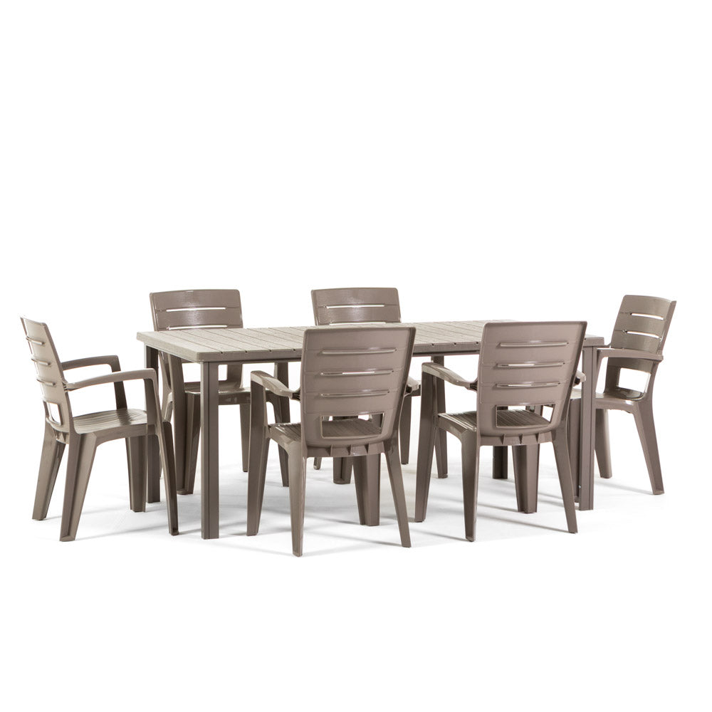 Thomas & Anita set pranzo giardino con 6 sedie e tavolo effetto legno, 6 sedie tortora, dimensione tavolo 180x90 cm, tavolo tortora