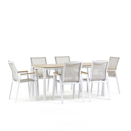 Noè & Deva set pranzo da giardino con tavolo 160x90 e 6 sedie, colore bianco