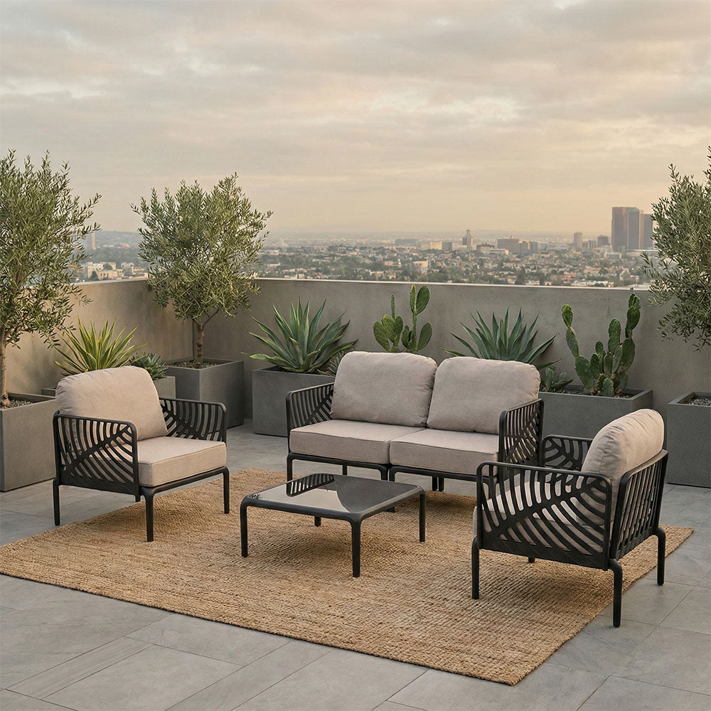 Kenzia – set da giardino di design divano, poltrone, tavolino