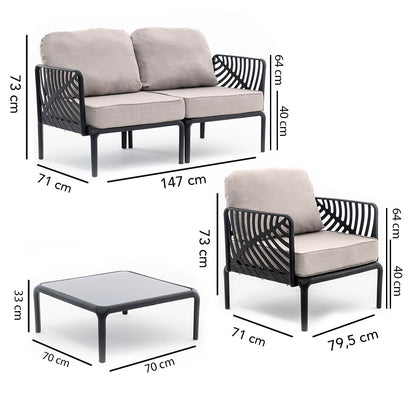 Kenzia – set da giardino di design divano, poltrone, tavolino