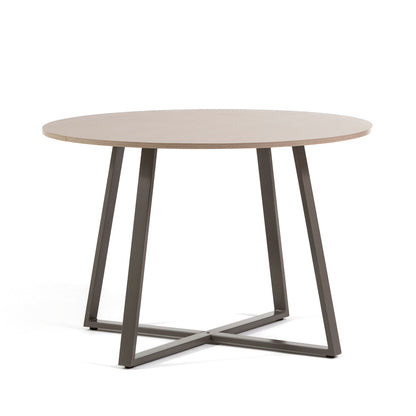 Damiano – tavolo rotondo in melaminico con base in metallo, gambe tortora, top tavolo legno