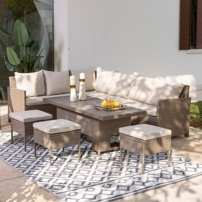 Noto – set da giardino in polirattan con divano angolare e tavolo