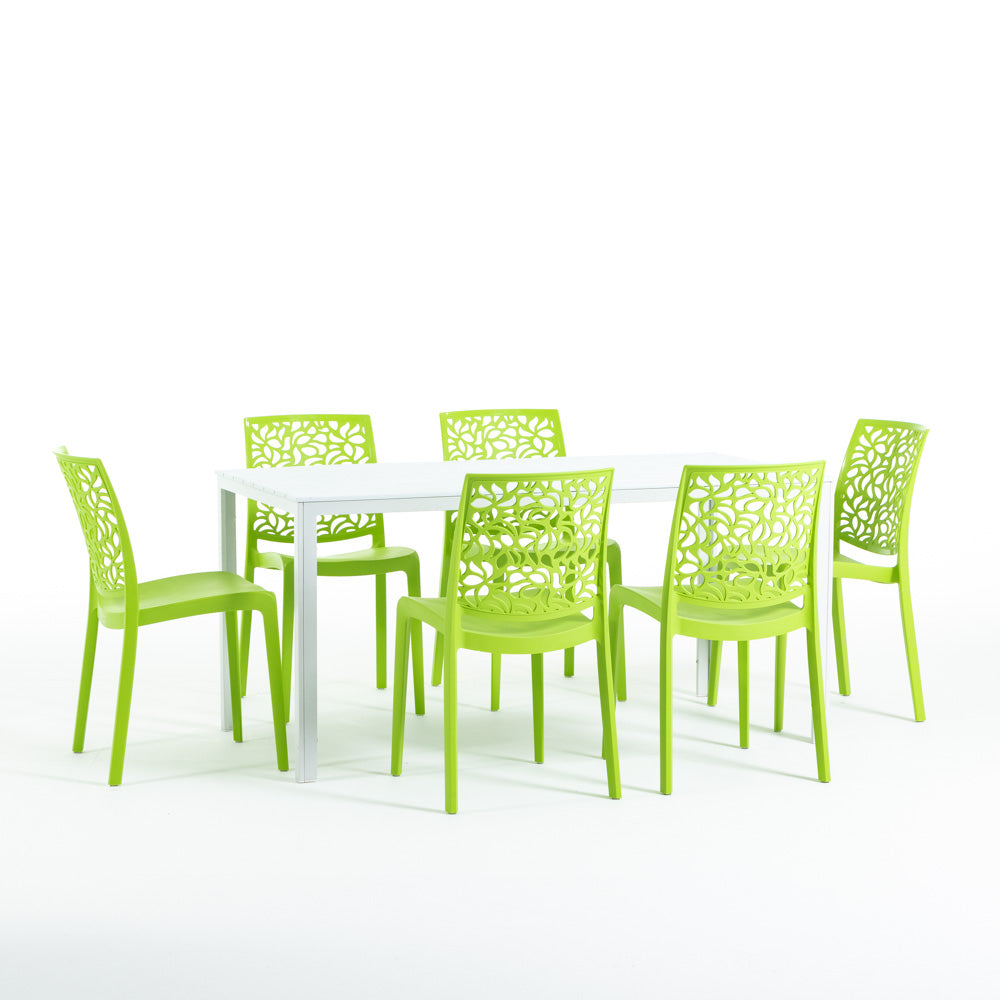 Thomas & Anna tavolo da giardino con 6 sedie impilabili, 6 sedie lime, tavolo bianco