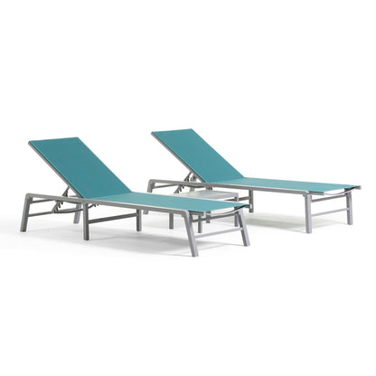 Duna – set 2 lettini prendisole con tavolino in alluminio, colore petrolio