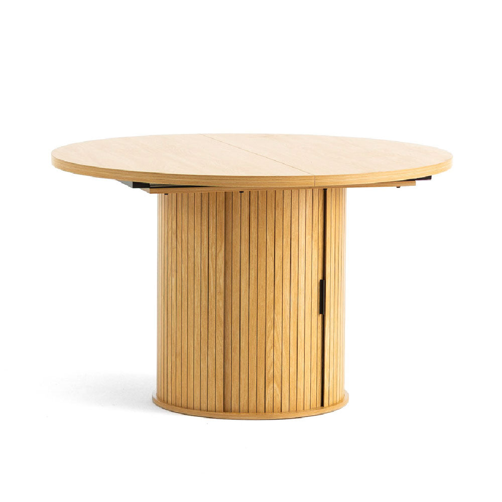 Ascanio – tavolo allungabile in melaminico con contenitore, colore tavolo legno chiaro, dimensione ø 120 cm