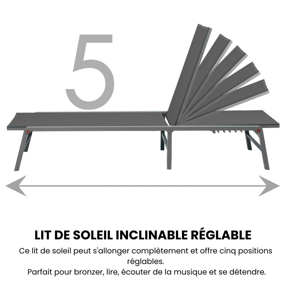 Duna – set 2 lettini prendisole con tavolino in alluminio
