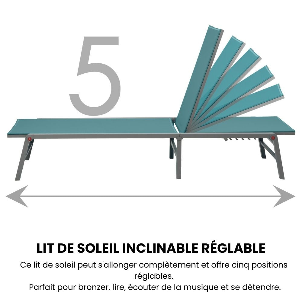 Duna – set 2 lettini prendisole con tavolino in alluminio