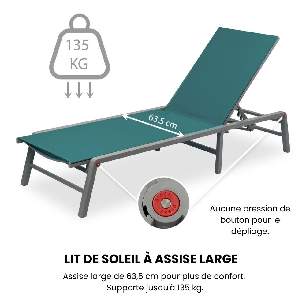 Duna – set 2 lettini prendisole con tavolino in alluminio