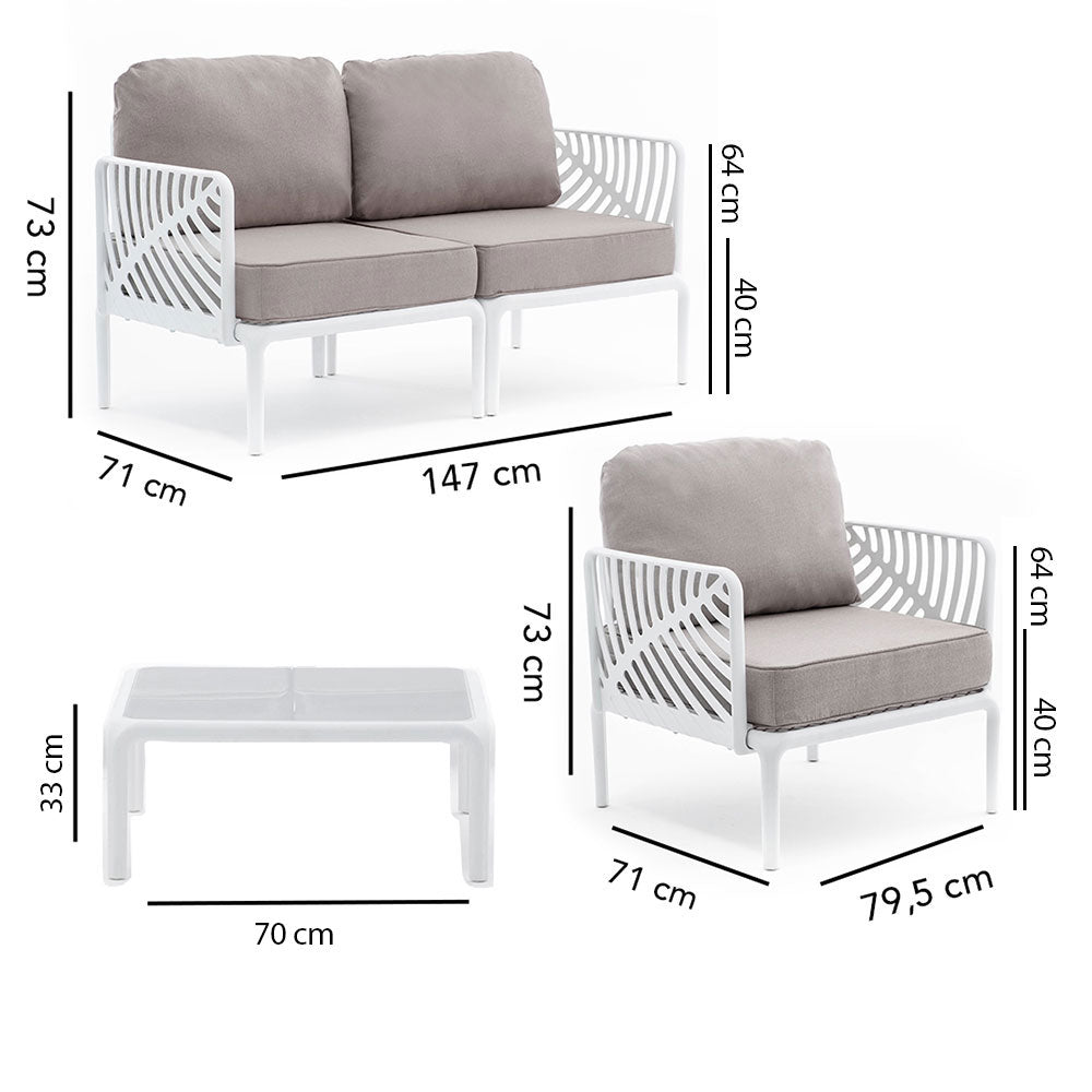 Kenzia – set da giardino di design divano, poltrone, tavolino