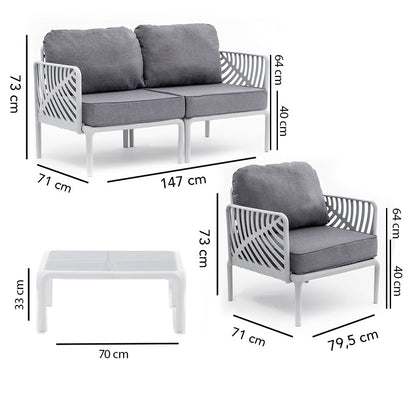 Kenzia – set da giardino di design divano, poltrone, tavolino