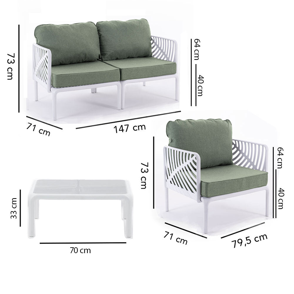 Kenzia – set da giardino di design divano, poltrone, tavolino