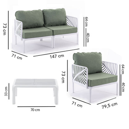 Kenzia – set da giardino di design divano, poltrone, tavolino