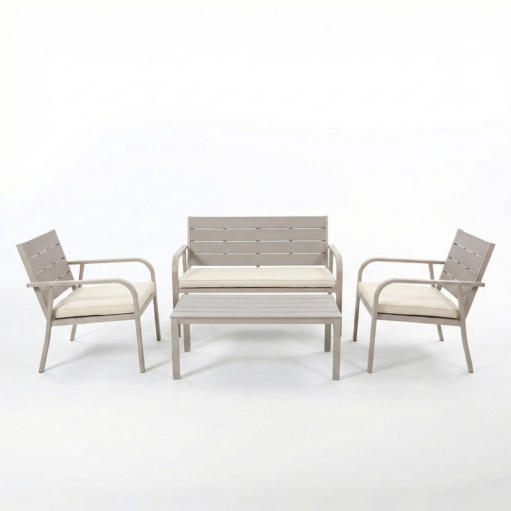 Matera – set da giardino in metallo e polietilene effetto legno, colore champagne