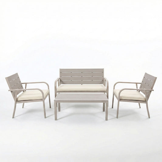 Matera – set da giardino in metallo e polietilene effetto legno, colore champagne