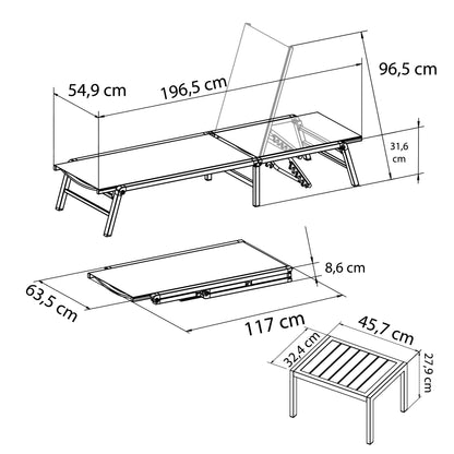 Duna – set 2 lettini prendisole con tavolino in alluminio