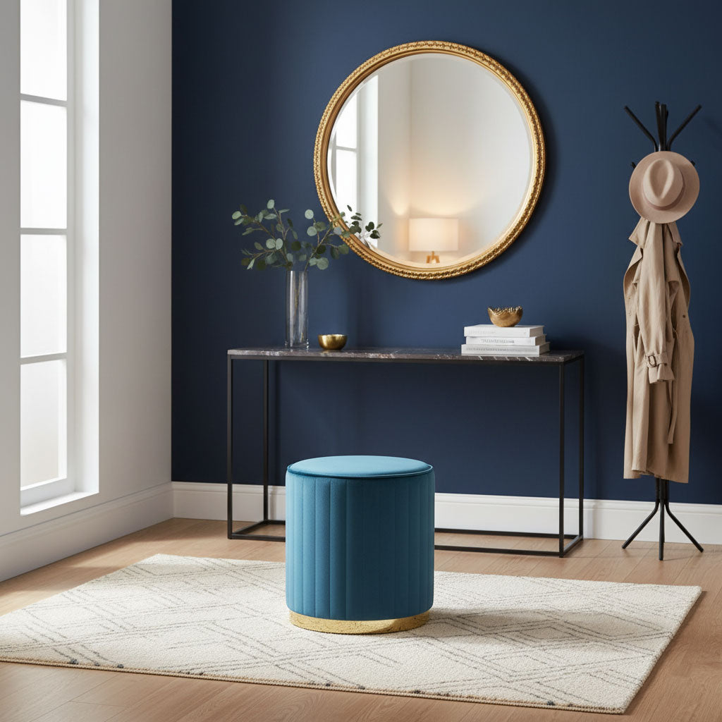 Ruby – pouf cilindrico in velluto trapuntato con base cromata