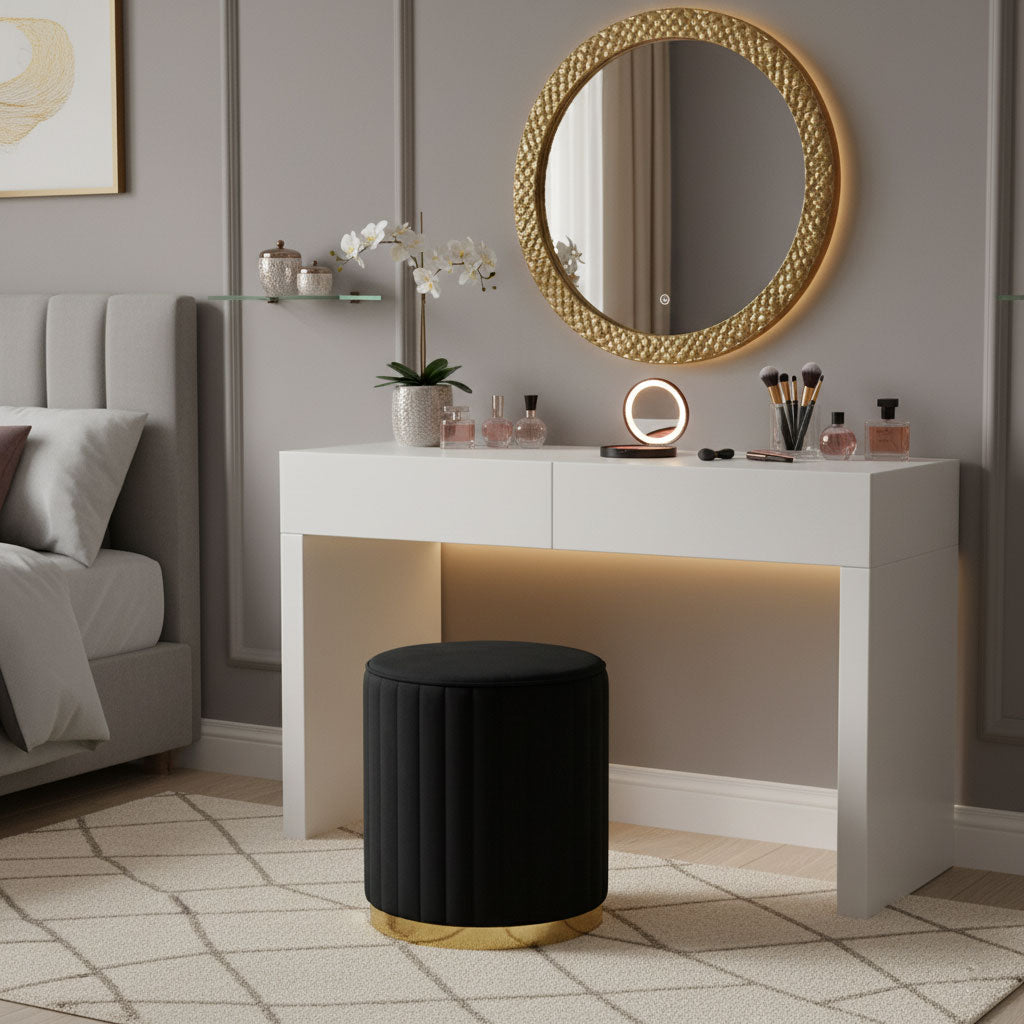 Ruby – pouf cilindrico in velluto trapuntato con base cromata